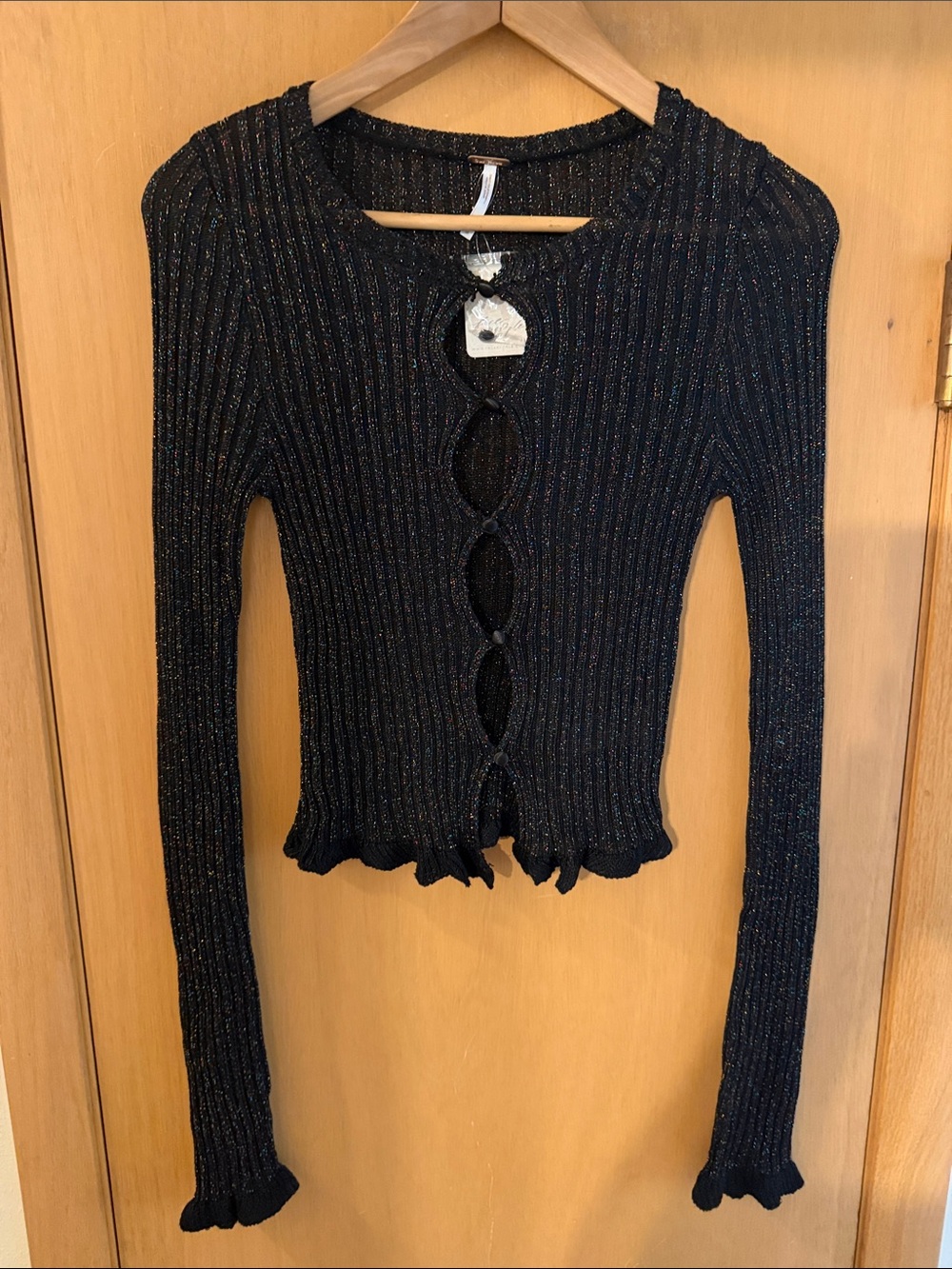 Free People Women’s Ribbed Metallic Fitted Cardigan Sweater New Black Medium